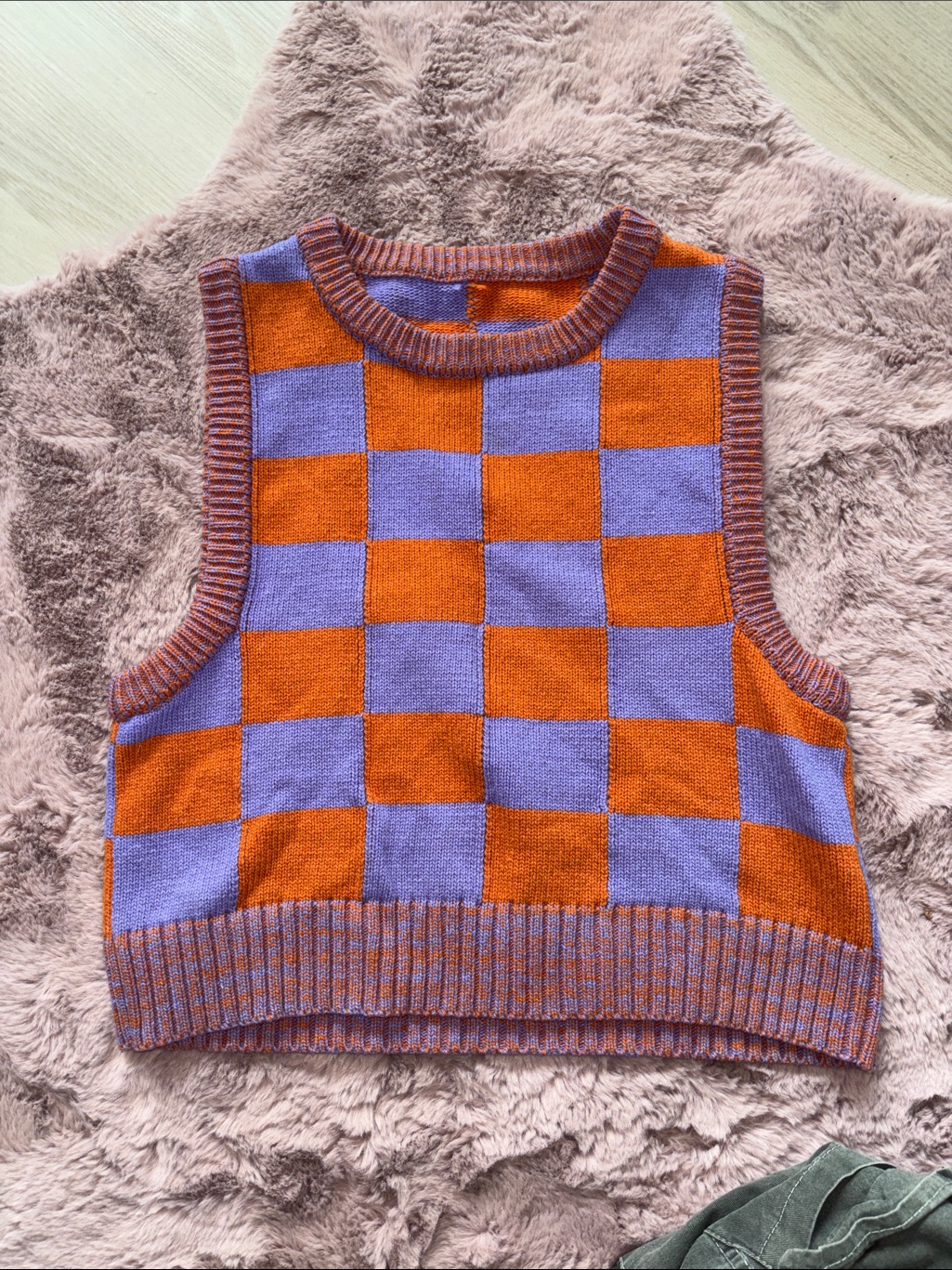 Checkerboard V-Neck Sweater Vest In Orange And Purple - Fits As A M